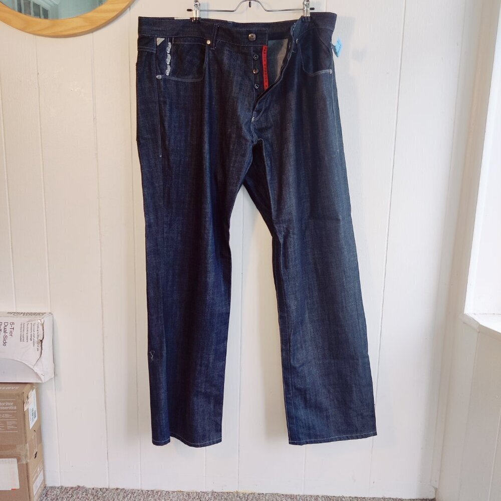 Parish Mens Jean,  Health Wealth & Wisdom Style. SZ 42 Button Fly, Dark Blue